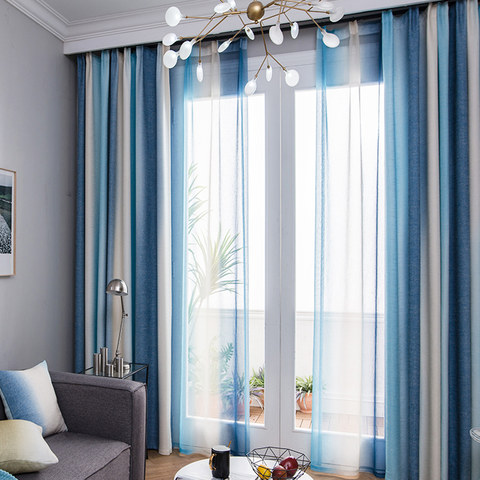 Sea Breeze Cocktail Sea Blue and Coconut White Ombre Striped Curtain 1