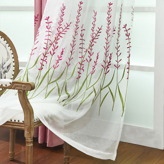 Spring Lupins Embroidered Pink Floral Sheer curtains