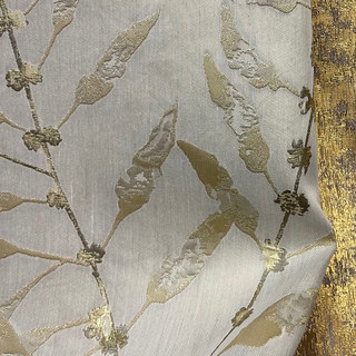 In The Woods Luxury Jacquard Shimmery Beige Cream Leaves Curtain with Gold Glitters 1
