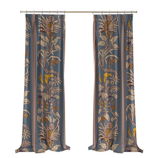 Botanica Blue Striped Printed Floral Velvet Curtain