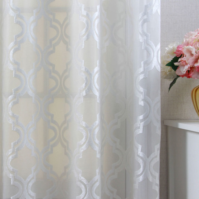 Fancy Trellis Cut Velvet Ivory White Sheer Curtain 1