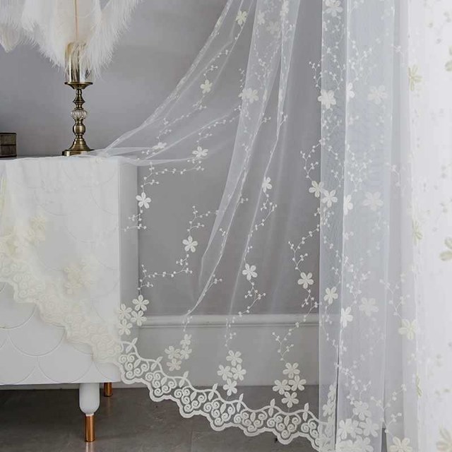 Angelina Ivory White Sheer Curtain with Embroidered Flowers 1
