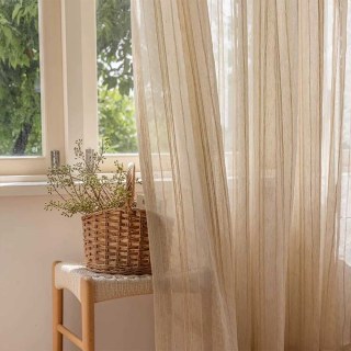 Bliss Striped Cream Oatmeal Linen Style Sheer Curtain 3