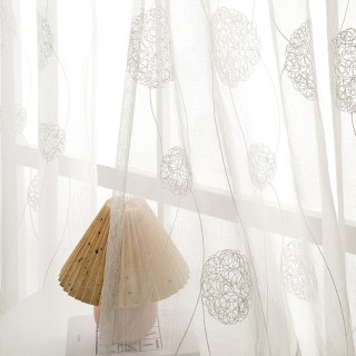 Dancing Pom Pom Embroidered Ivory White Sheer Curtain