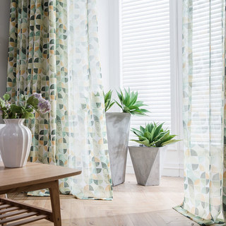 Vigor Multi Color Mid Century Modern Green Geometric Linen Sheer Curtains