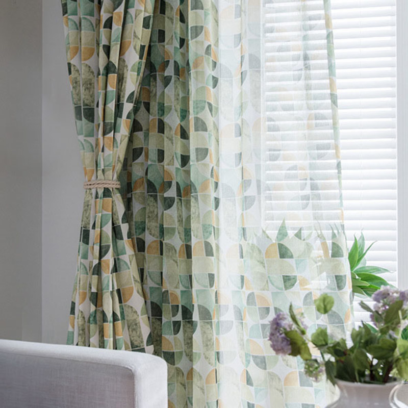 Vigor Multi Color Mid Century Modern Green Geometric Linen Sheer Curtains