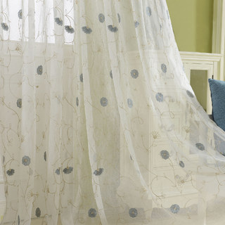 Floral Affairs Grey Blue Flower Embroidered Sheer Curtain 2