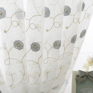 Floral Affairs Grey Blue Flower Embroidered Sheer Curtain 5