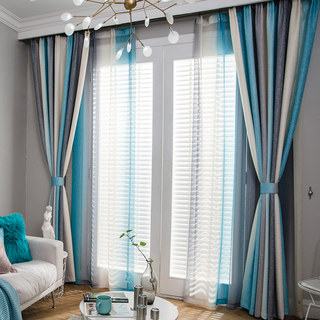 Sea Breeze Cocktail Rock Grey and Beach Blue Striped Curtain 2
