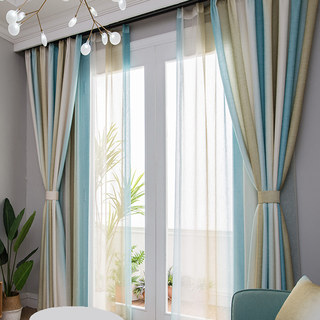 Sea Breeze Cocktail Yellow Beach Sand and Turquoise Sea Striped Sheer Curtain 4
