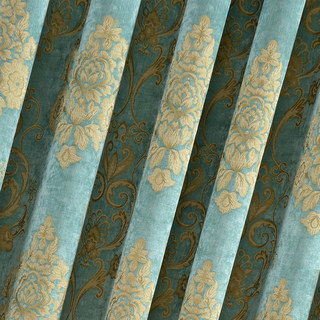 Luxury Damask Heavy Chenille Jacquard Teal Blue Curtain 3