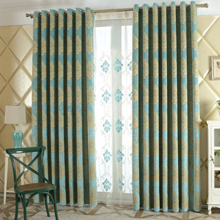 Luxury Damask Heavy Chenille Jacquard Teal Blue Curtain 2