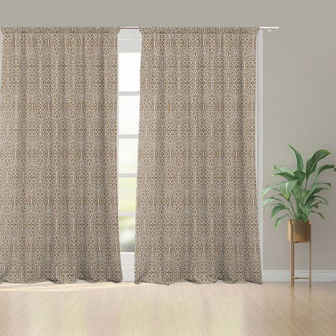 Folk Heart Scandinavian Floral Heavy Chenille Jacquard Coffee Brown Curtain 1