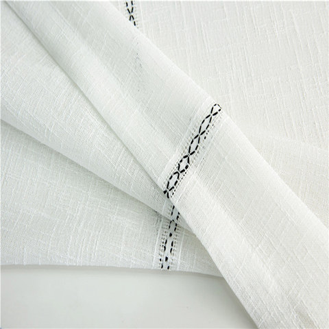 Gracie White Linen Horizontal Band Sheer Curtains 1