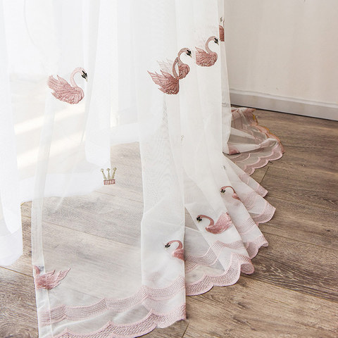 Royalty Sheer Voile Curtains With Embroidered Pink Swans 1