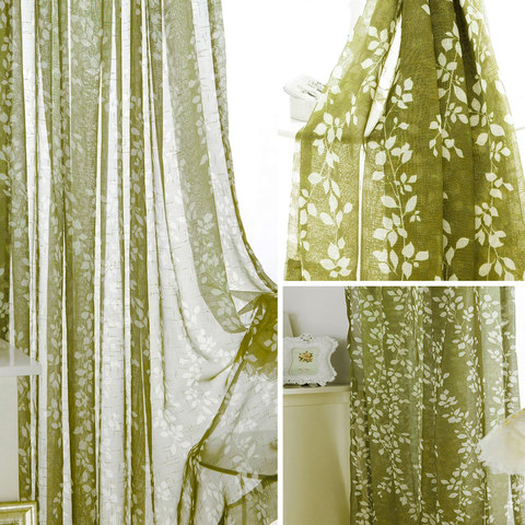 Fancy Pansy Green Leaf Embroidered Organza Sheer Curtain