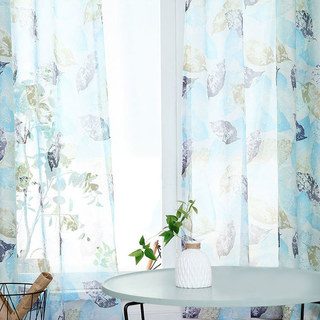 Swaying In The Breeze Blue Block Leaf Print Sheer Curtain 2