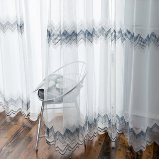Zigzag White Blue and Grey Sheer Curtains with Embroidered Dot Detail and Scalloped Edge