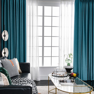 Houndstooth Patterned Teal Blue Blackout Curtain 3