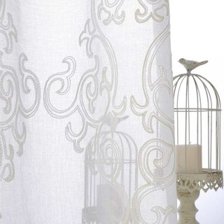 Demure Florals Damask Embroidered Ivory White Sheer Curtain