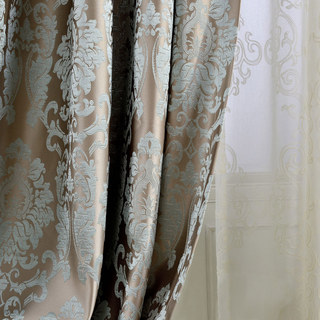 Demure Florals Damask Jacquard Blue Curtain