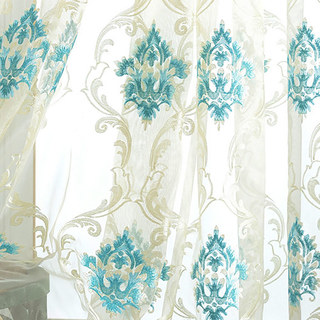 Luxury Damask Turquoise Teal Blue Embroidered Sheer Voile Curtain 7