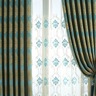 Luxury Damask Turquoise Teal Blue Embroidered Sheer Voile Curtain 2