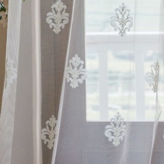 Neoclassical Design Damask White Embroidered Sheer Voile Curtain 12