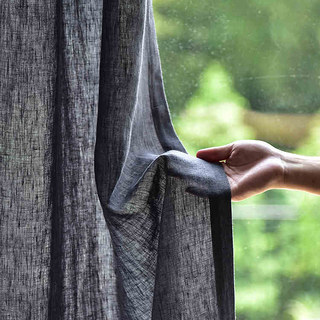 Provencal Style Pure Flax Dark Charcoal Grey Heavy Sheer Linen Curtain