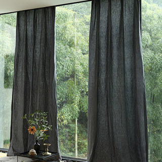 Provencal Style Pure Flax Dark Charcoal Grey Heavy Sheer Linen Curtain 2