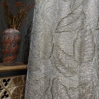 Gold Leaves Embroidered Grey Mesh Net Curtain