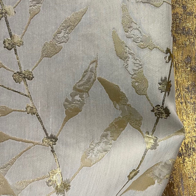 In The Woods Luxury Jacquard Shimmery Beige Leaves Curtain with Gold Details 1