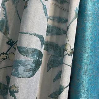 In The Woods Luxury Jacquard Shimmery Teal Leaves Curtain with Gold Details 1
