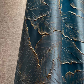 Paradise Luxury 3D Jacquard Tropical Leaves Duck Egg Blue Curtain with Gold Details
