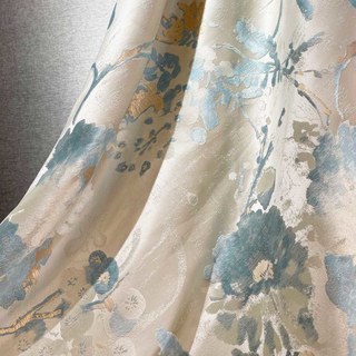 Secret Garden Jacquard Silky Satin Cream & Pastel Teal Floral Curtain with Gold Details