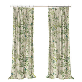 Birds & Blossoms Chinoiserie Olive Green Floral Velvet Curtain