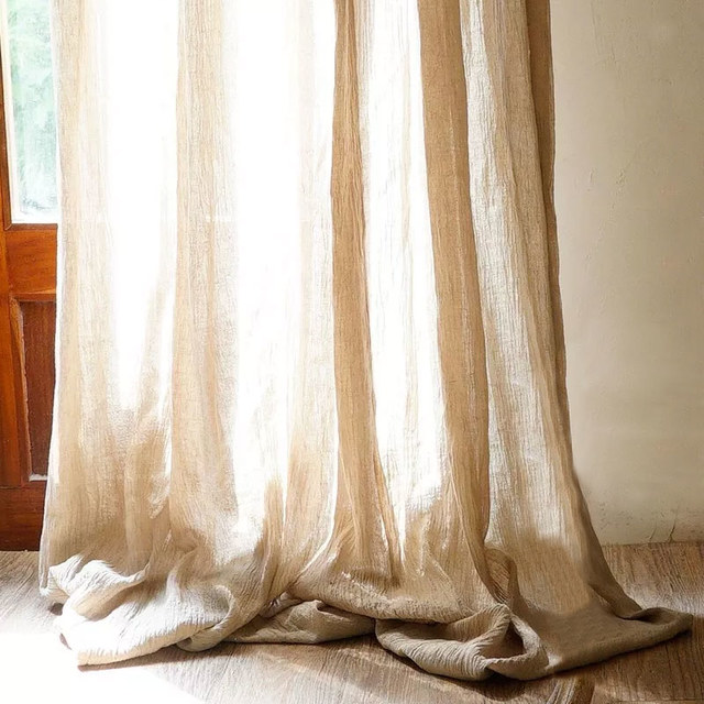 Shabby Chic Crushed Flax Linen Natural Colour Heavy Semi Sheer Voile Curtain