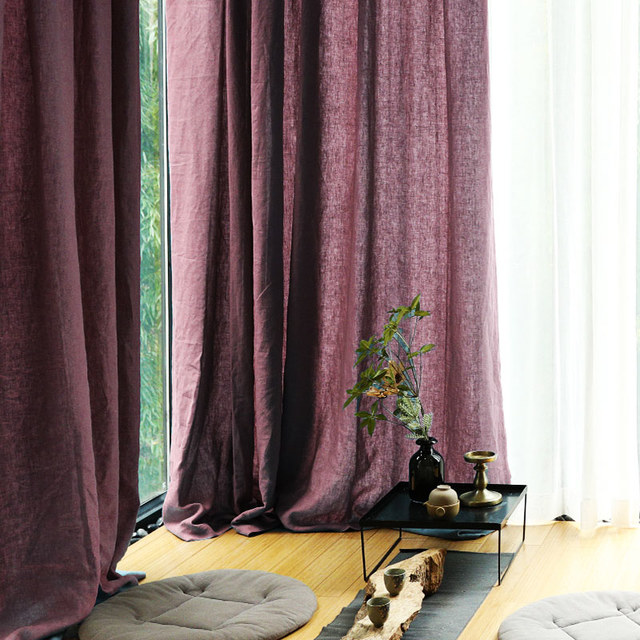 Wabi Sabi Pure Flax Linen Burgundy Heavy Semi Sheer Curtain 1