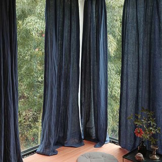Wabi Sabi Pure Flax Linen Navy Blue Heavy Semi Sheer Curtain