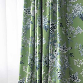 Birds & Blossoms Chinoiserie Blue & Green Floral Velvet Curtain 5