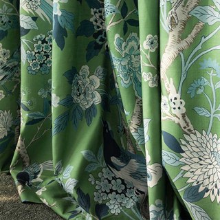 Birds & Blossoms Chinoiserie Blue & Green Floral Velvet Curtain 3