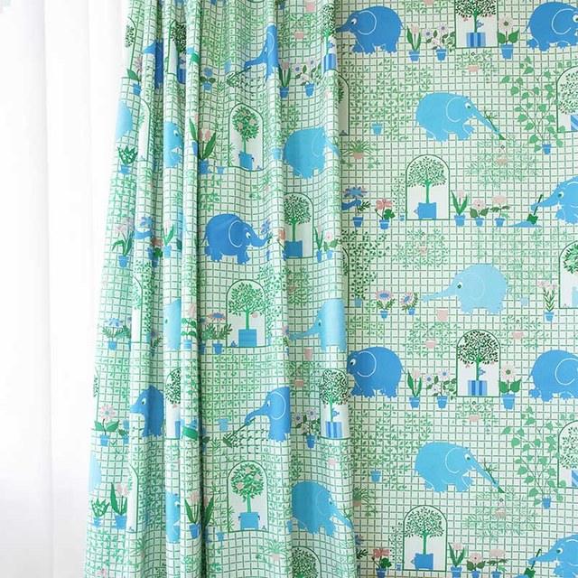 Elephant Gardener Green & Blue Cute Curtain 1