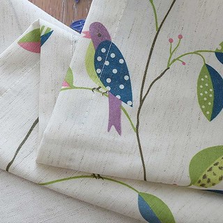 Misty Meadow Linen Style Floral and Bird Print Curtain