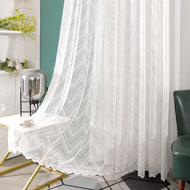 Chevron Ivory White Shimmering Lace Net Curtain with Scalloped Edge 1