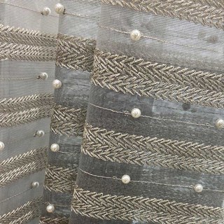Grey Ombre Voile Curtain With Gold Horizontal Stripes and Pearls 5