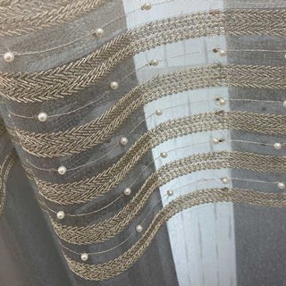 Grey Ombre Voile Curtain With Gold Horizontal Stripes and Pearls 4