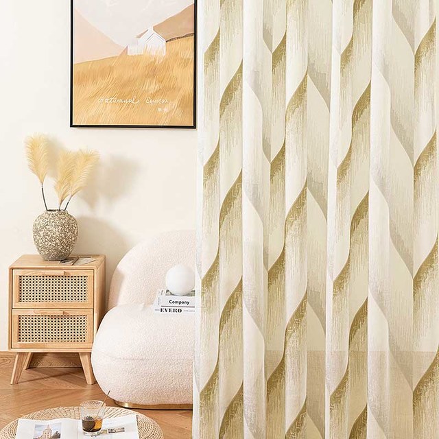 New Wave Jacquard Gold Modern Geometric Voile Curtain 1