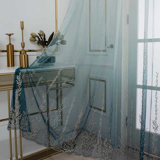 Pacific Blue Ombre Embroidered Floral Voile Curtain