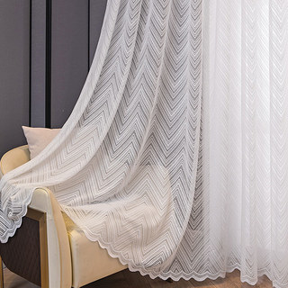 Chevron Ivory White Shimmering Lace Net Curtain with Scalloped Edge 1