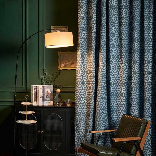 Bishamon Kikko Geometric Pattern Art Deco Haze Blue Curtain 1